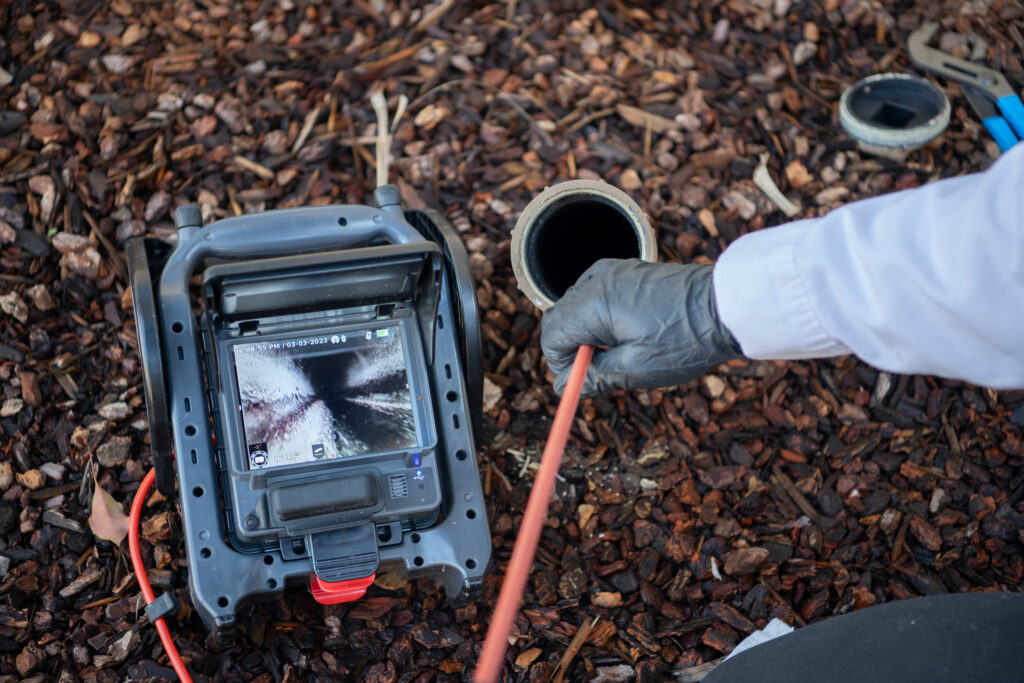Technician running a camera inspection on a drain line to decide between drain snaking and hydro jetting